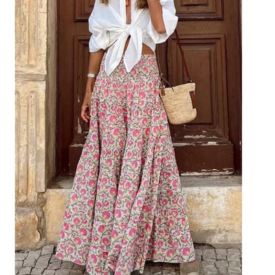 大码女装松紧高腰A字碎花半身裙