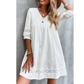 小个子清新欧美亚马逊V领时尚 白色镂空宽松短袖 连衣裙娃娃裙DRESS