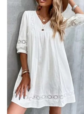 小个子清新欧美亚马逊V领时尚白色镂空宽松短袖连衣裙娃娃裙DRESS