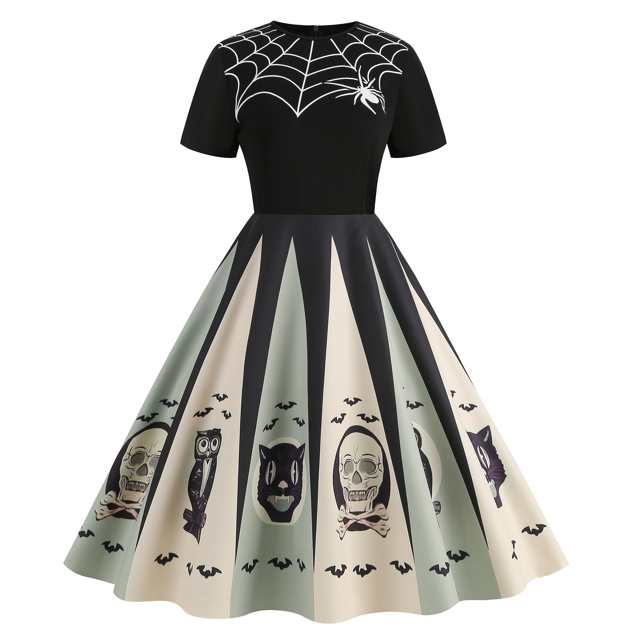 欧美万圣节南瓜骷髅短袖连衣裙女