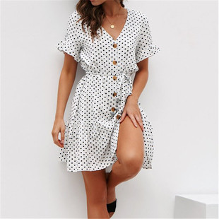 Chiffon 波点圆点系带雪纺短袖 Dress neck 连衣裙女Dot printed