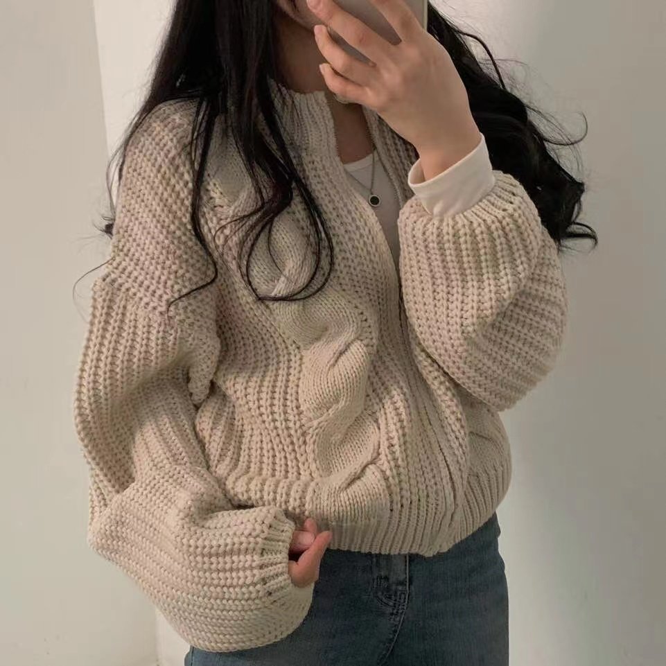 韩版小个子时尚慵懒风圆领拉链麻花纹宽松针织开衫长袖毛衣外套女,女装/女士精品,毛衣,淘宝优惠券,粉丝福利购,淘宝优惠卷