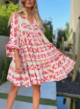 波西米亚花色宽松五分袖连衣裙女