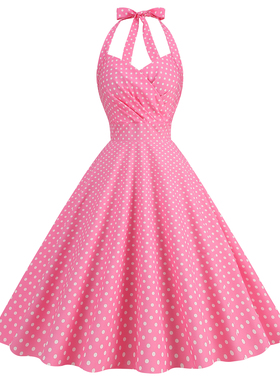 复古港风年代感挂脖波点圆点露背显瘦大摆连衣裙晨袍礼服女DRESS