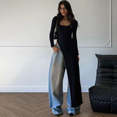 新款 欧美速卖通U型领黑色修身 个性 秋季 开叉长袖 连衣裙长裙女DRESS