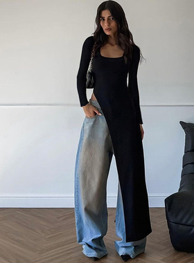 秋季新款欧美速卖通U型领黑色修身个性开叉长袖连衣裙长裙女DRESS