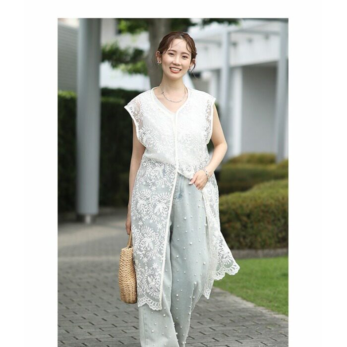 夏季新款女装纯色透视蕾丝开衫外套马夹米白色叠穿中长款蕾丝长衫