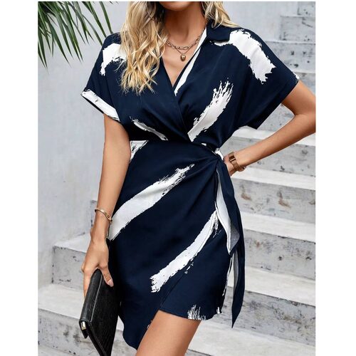 小个子V领印花系带短袖连衣裙女