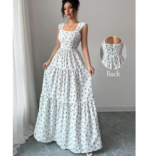 长裙法式优雅夏季新款方领碎花背后绑带收腰无袖背带连衣裙DRESS