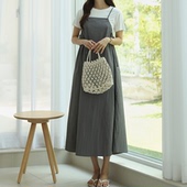 韩版 4XL 胖MM一字领浅灰减领藏肉宽松可调节吊带连衣裙L 大码 女装