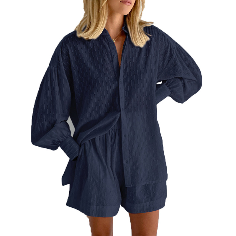 欧美秋季新款通勤POLO领单排扣衬衣提花泡泡长袖上衣短裤两件套装,女装/女士精品,休闲运动套装,淘宝优惠券,粉丝福利购,淘宝优惠卷