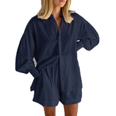 两件套装 欧美秋季 上衣短裤 通勤POLO领单排扣衬衣提花泡泡长袖 新款