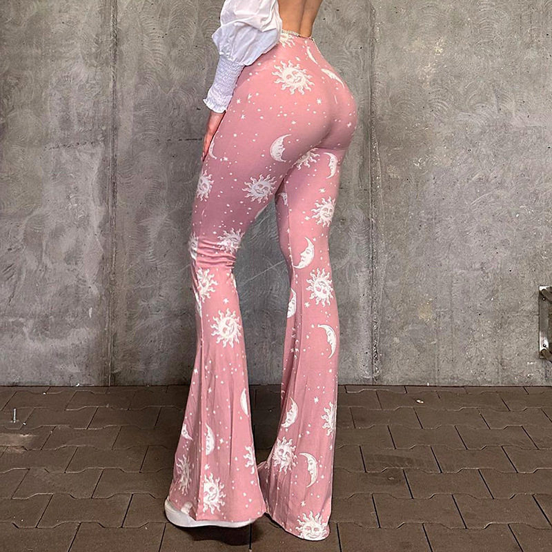 欧美跨境女装2024春秋新款抽象印花修身喇叭显腿长裤瑜伽裤休闲裤