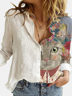 速卖通OL风秋季 衬衣上衣女shirt 新款 POLO领单排扣猫咪cat印花长袖