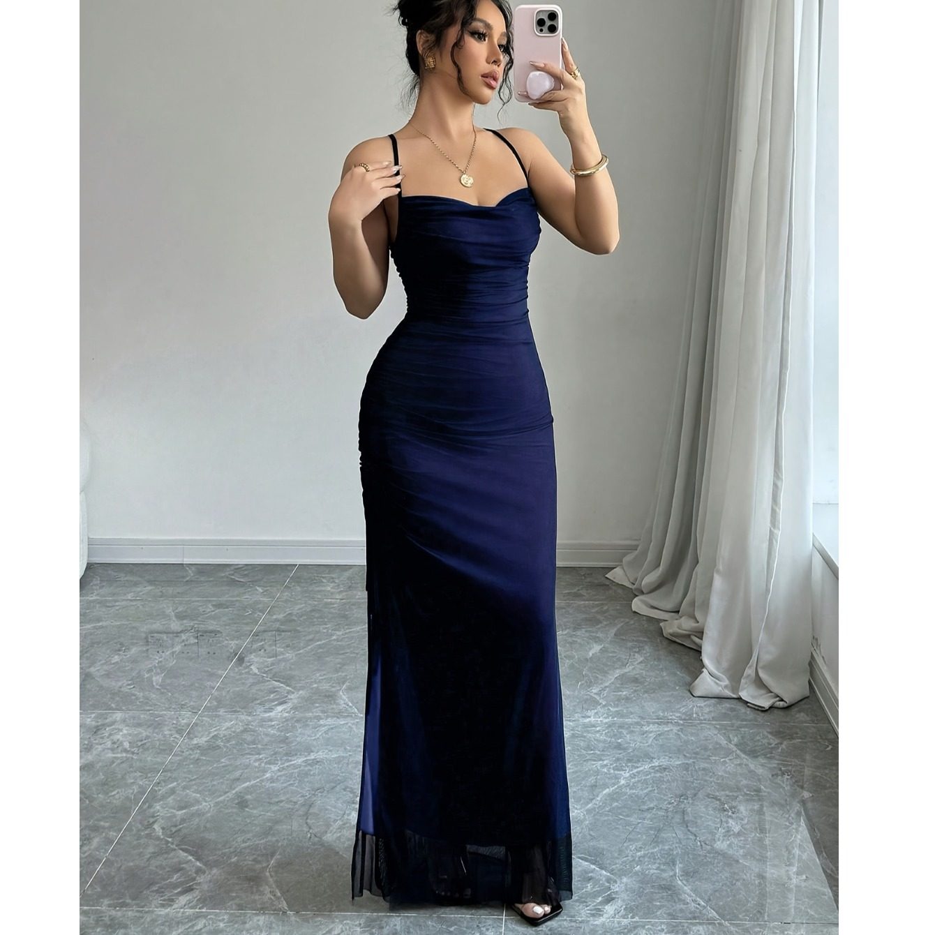 夏季新款欧美一字领蓝色网布交叉露背开叉修身包臀吊带连衣裙礼服