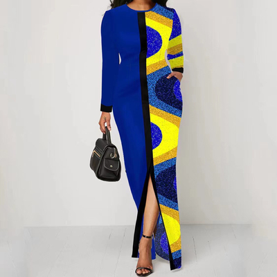 轻熟复古气质撞色拼接长袖连衣裙