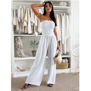 欧美夏季一字领纯色收腰性感Sexy阔腿抹胸连体裤长裤女Jumpsuits