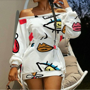 宽松连衣裙性感露肩高腰裙 欧美风圆领扎染印花长袖 春秋新款 女装