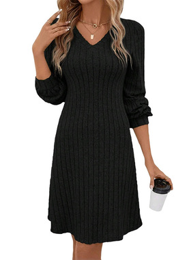 秋冬新款欧美风时尚V领浅灰色修身针织中长款长袖连衣裙打底DRESS