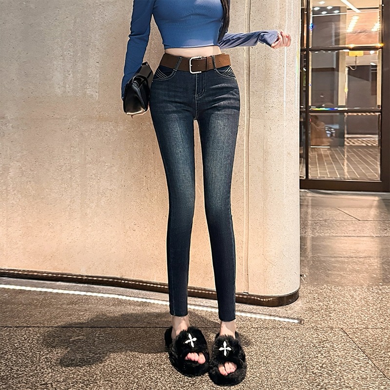 韩版时尚通勤OL气质深蓝色提臀紧身弹力小脚直筒铅笔九分牛仔裤女