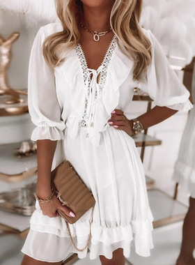 小个子甜美夏季欧美V领拼接系带白色雪纺宽松荷叶边连衣裙女DRESS