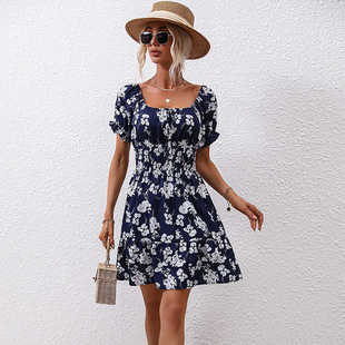 欧美风连衣裙时尚 夏季 女装 束腰叶子印花高腰裙 新款 花卉女士短袖