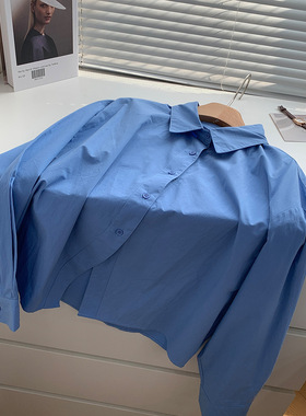 纯棉蓝色衬衫女2023新款春季高级感宽松叠穿打底内搭外穿上衣外套