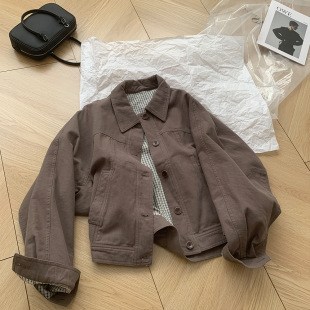 翻领单排扣夹克衫 新款 2025秋季 复古港风ins米白色牛仔外套女长袖