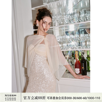 亮片抹胸披肩胸针优雅礼服连衣裙