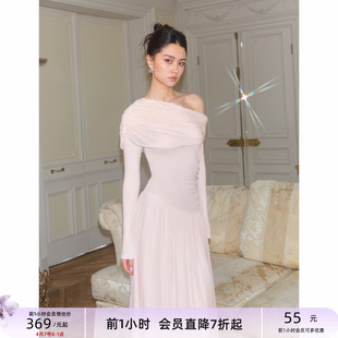 粉叙 奶昔粉嫩网纱斜肩抽皱大裙摆长裙针织连衣裙 TheChosen