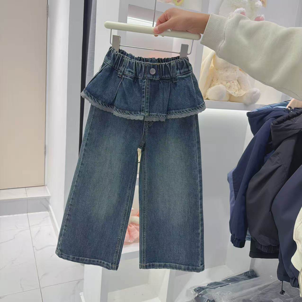 女童牛仔裤2026秋装儿童裤子直筒裤拼接设计秋冬款长裤