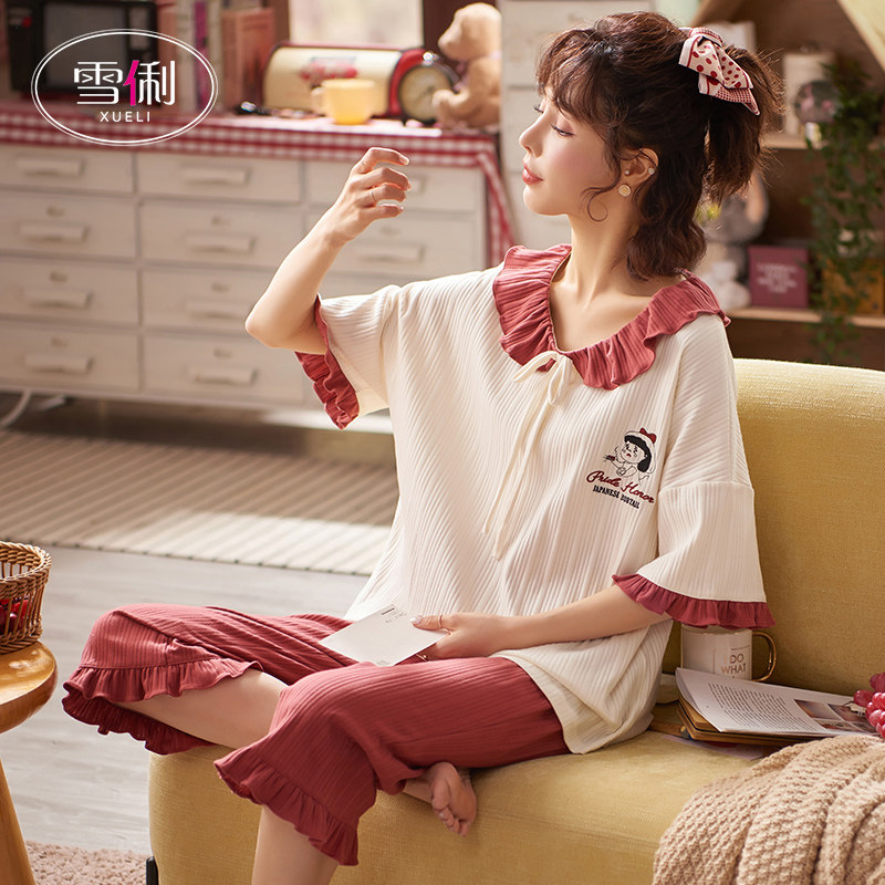 雪俐睡衣女夏棉质短袖短裤薄款可爱卡通ins可外穿家居服两件套装