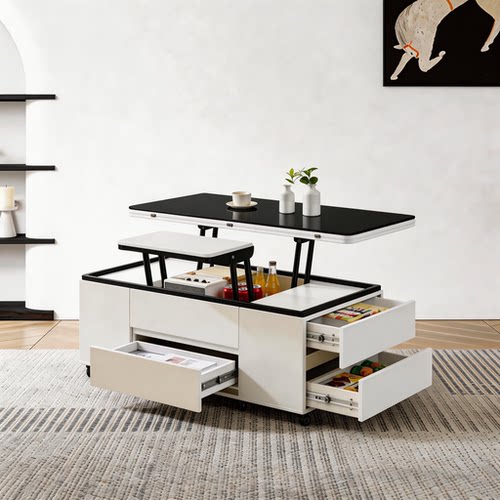 小户型实木岩板升降茶几二合一