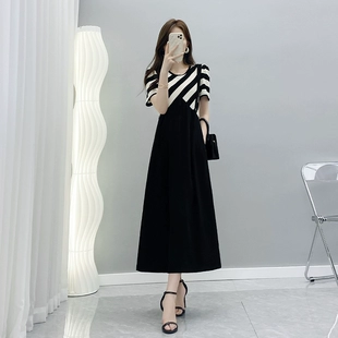 条纹连衣裙女胖mm短袖 新款 显瘦遮肚长裙 2022夏季 黑色宽松休闲大码