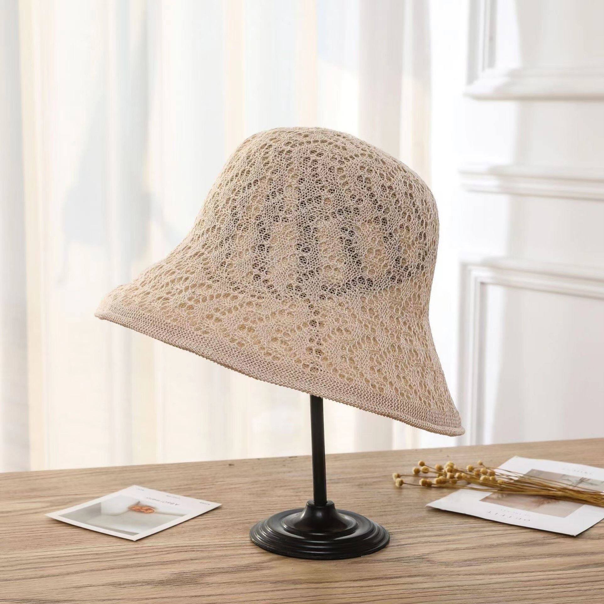 手钩纯色镂空遮阳水桶帽女夏季韩版编织防晒渔夫帽显脸小百搭盆帽