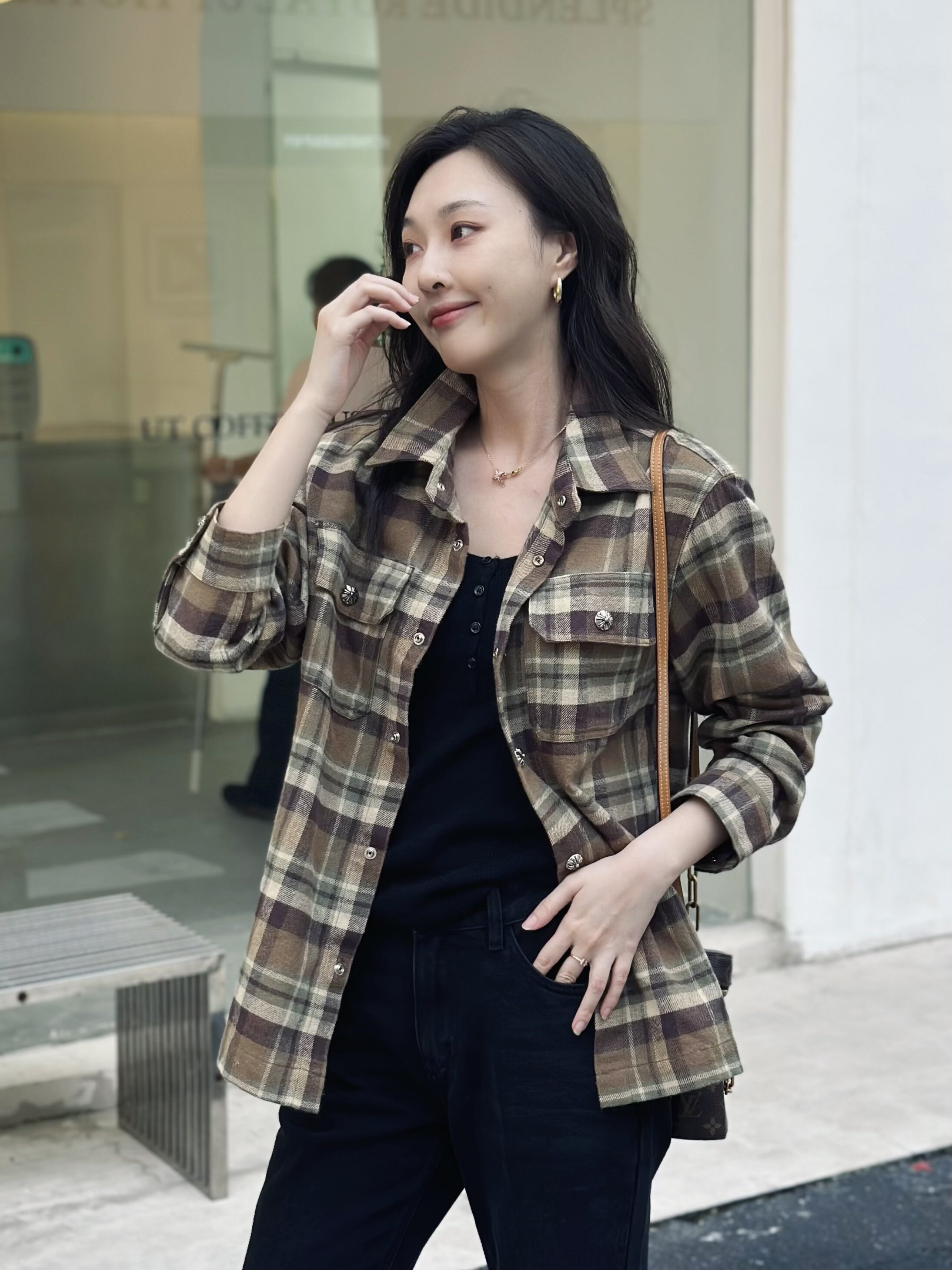街头搭配宝物复古法兰绒格子衬衫宽松长袖外套休闲衬衣早秋外套女