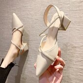 女凉鞋 真皮尖头包头凉鞋 粗跟中跟水钻女单鞋 新款 女2026夏季