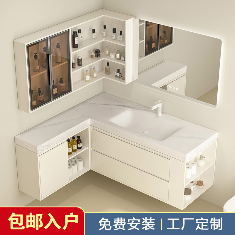 浴室柜可丽耐岩板热弯一体盆拐角转角延伸洗手盆L异型洗漱台定制