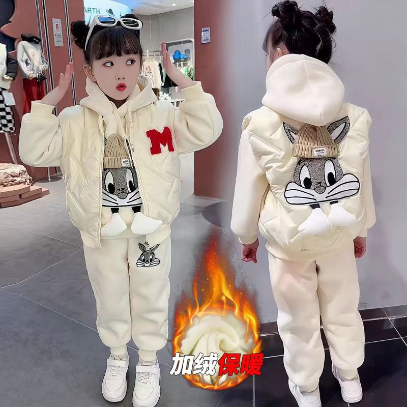 德国刺绣女童冬装套装2026网红加厚儿童马甲洋气加绒三件套卫衣