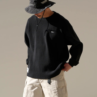 潮牌descendant华夫格圆领长袖T恤男鲸鱼刺绣宽松纯色套头卫衣