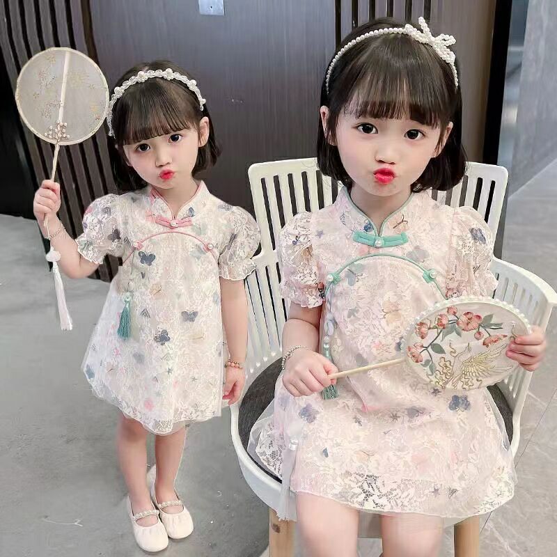 女童旗袍裙2025夏季新款蕾丝裙中国风女宝宝汉服裙唐装旗袍网红潮