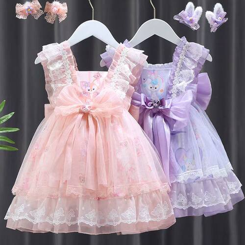 女童夏装新款洋气连衣裙中大童卡通吊带裙蝴蝶结公主裙