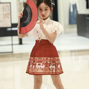 红色新中式马面裙夏季女童短款套装儿童古风汉服国风高级2024新款