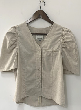现货TeenieWeenie小熊2022夏装女亚麻短袖气质V领衬衫TTBA222503