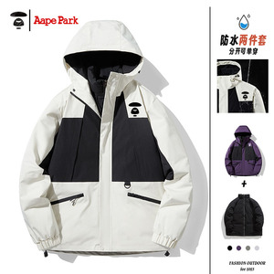 A ape Park秋冬季外套男棉服潮牌拼色摇粒绒夹克三合一冲锋衣防水