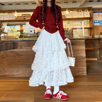 韩系甜美网纱半身裙女春夏新款学生拼接蕾丝A字裙垂感重工长裙子