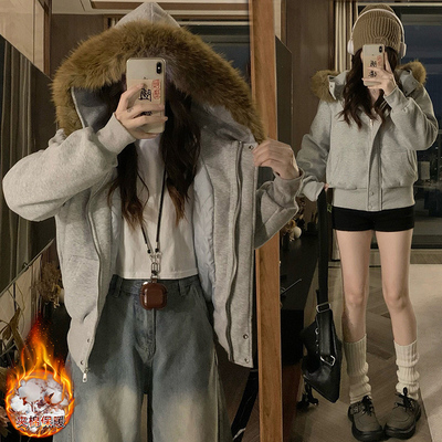 连帽夹棉卫衣外套女秋冬2025新款初高中学生宽松加厚可拆毛领棉衣