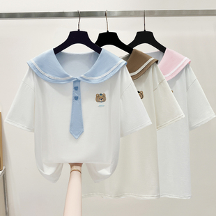 海军领卡通刺绣短袖T恤女夏装2026新款初中高中学生宽松领带上衣