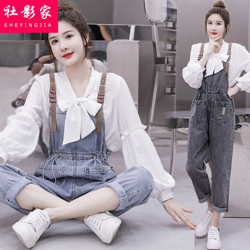衬衣背带裤套装少女春夏季新款初中高中学生收腰显瘦牛仔裤两件套