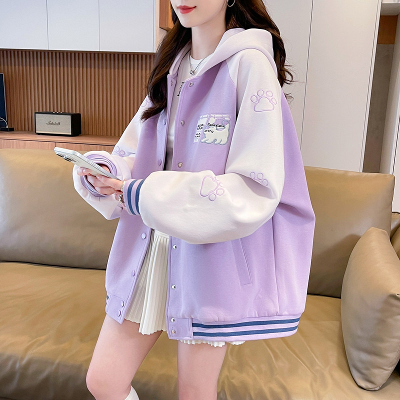 猫咪刺绣棒球服外套少女2026秋冬新款初高中学生潮牌宽松休闲上衣图片